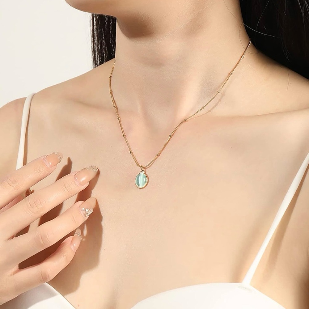 Gold-Plated Aqua Cateye Jade Pendant Necklace